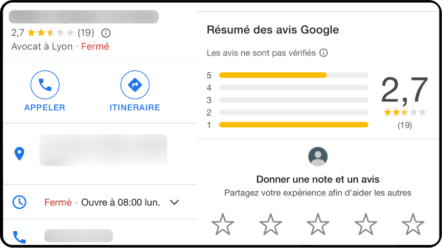 Etablissement Google avec une faible note visible aussi sur Google Maps.
