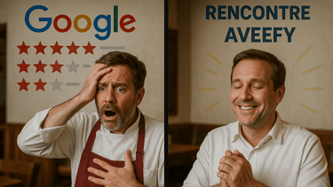 deux parties montrant un restaurateur choqué devant des avis négatifs sur Google  à droite, il est soulagé et souriant après avoir rencontré Aveefy.
