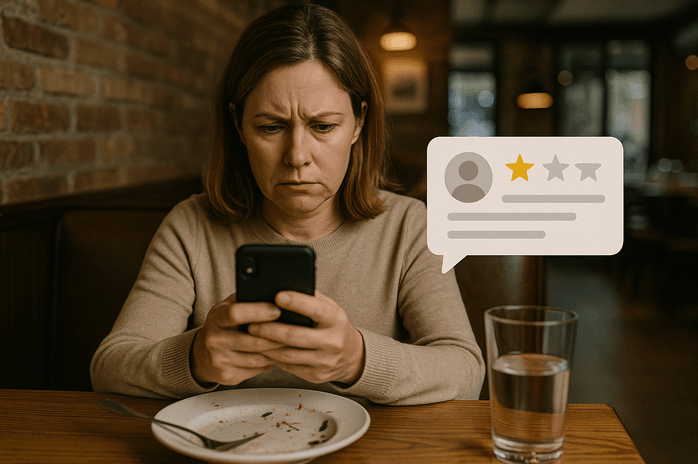 Femme mécontente écrivant un avis négatif sur un restaurant