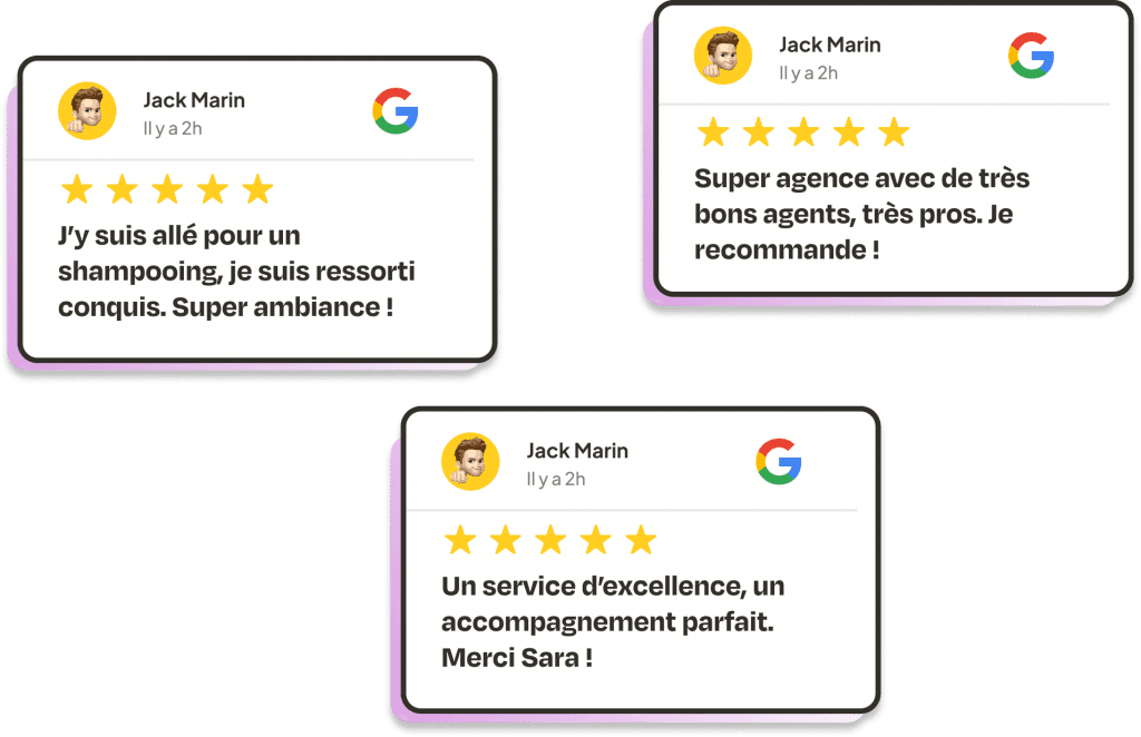 Avis clients 5 étoiles publiés sur Google, mettant en avant des expériences positives avec différents services